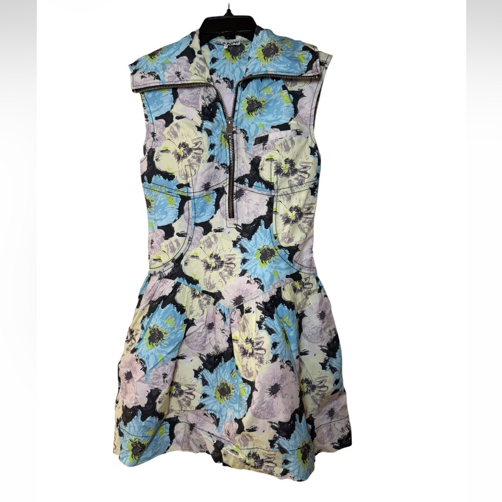 Ganni Floral Printed Sleeveless Cotton Poplin Mini Dress Size US 0, Euro 32 - Picture 12 of 12